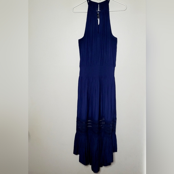 Ramy Brook Dresses & Skirts - Ramy Brook Anna Dress Navy Blue Large Halter Neckline Smocked Waist Lace Accents